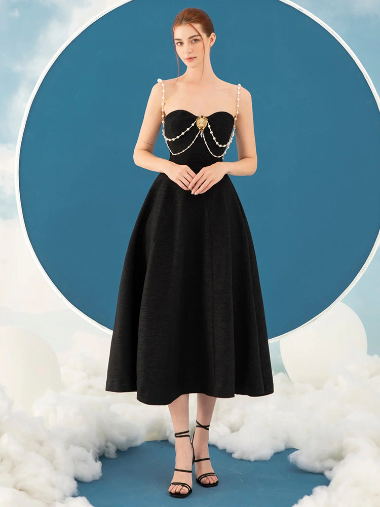 SANLLI BLACK A-LINE MIDI DRESS