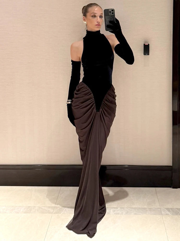 VALERY BLACK HALTER MESH DRESS GOWN