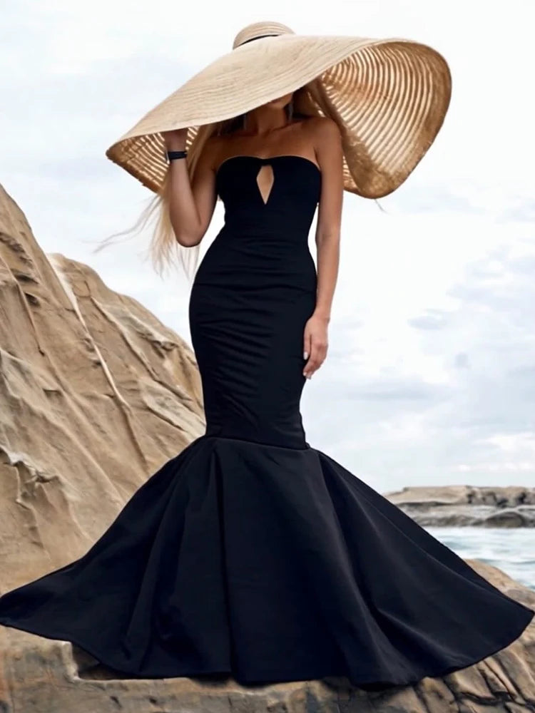 TORI BLACK MERMAID STRAPLESS LONG DRESS GOWN