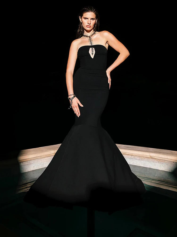 TORI BLACK MERMAID STRAPLESS LONG DRESS GOWN