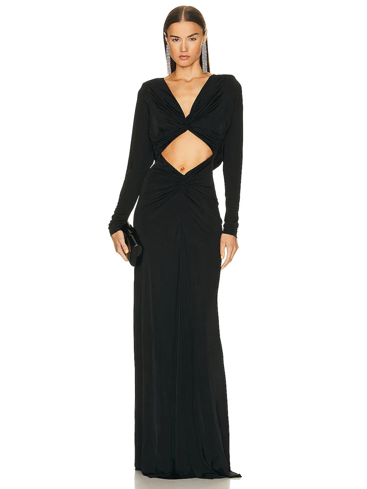 SHANAY BLACK V NECK LONG SLEEVES DRESS