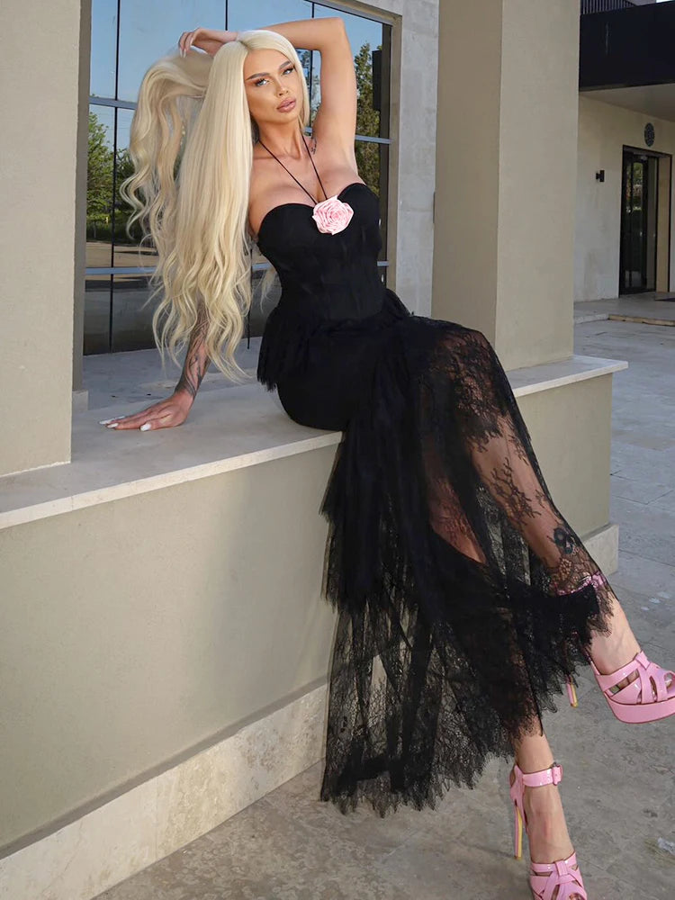 VICTORIA BLACK HALTER SLEEVELESS LONG DRESS GOWN