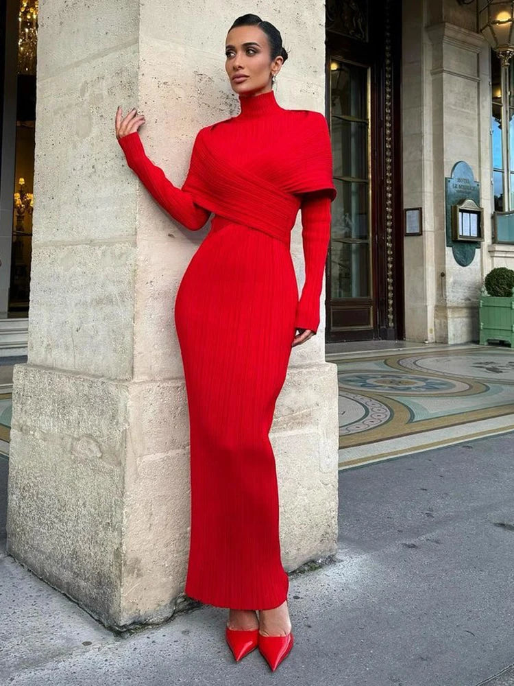 FINITA RED HIGH NECK LONG SLEEVE DRESS GOWN