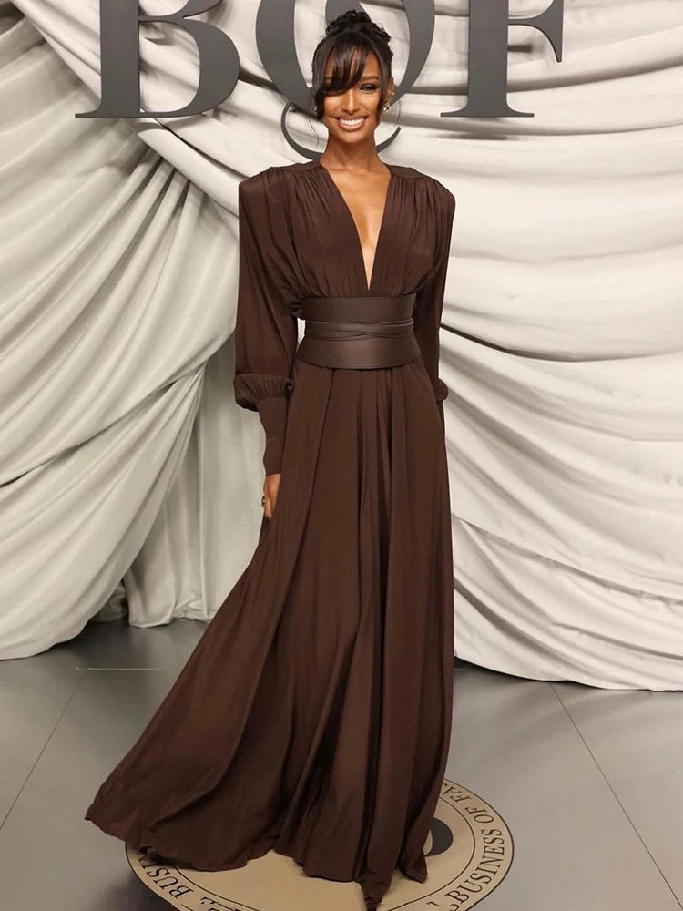 ROBYN BROWN LONG SLEEVES V NECK DRESS GOWN