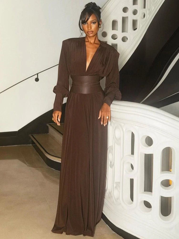 ROBYN BROWN LONG SLEEVES V NECK DRESS GOWN