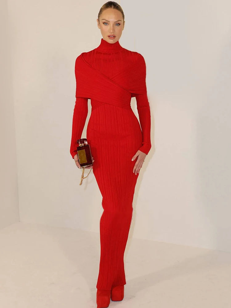 FINITA RED HIGH NECK LONG SLEEVE DRESS GOWN