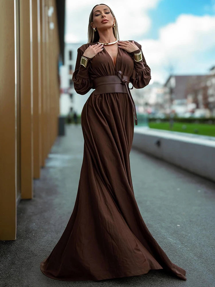 ROBYN BROWN LONG SLEEVES V NECK DRESS GOWN
