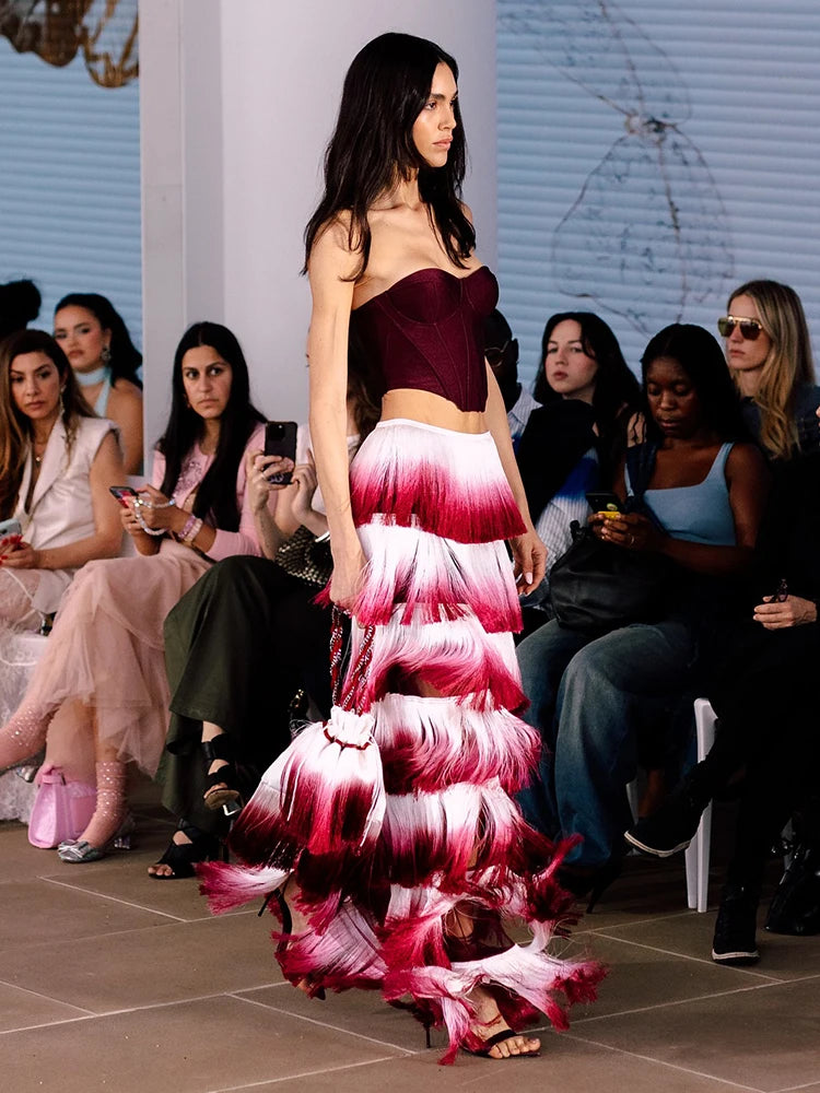 LUCY STRAPLESS GRADIENT FRINGE MAXI DRESS