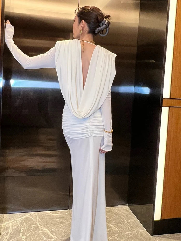 LIVIA WHITE V-NECK LONG SLEEVE LONG DRESS GOWN