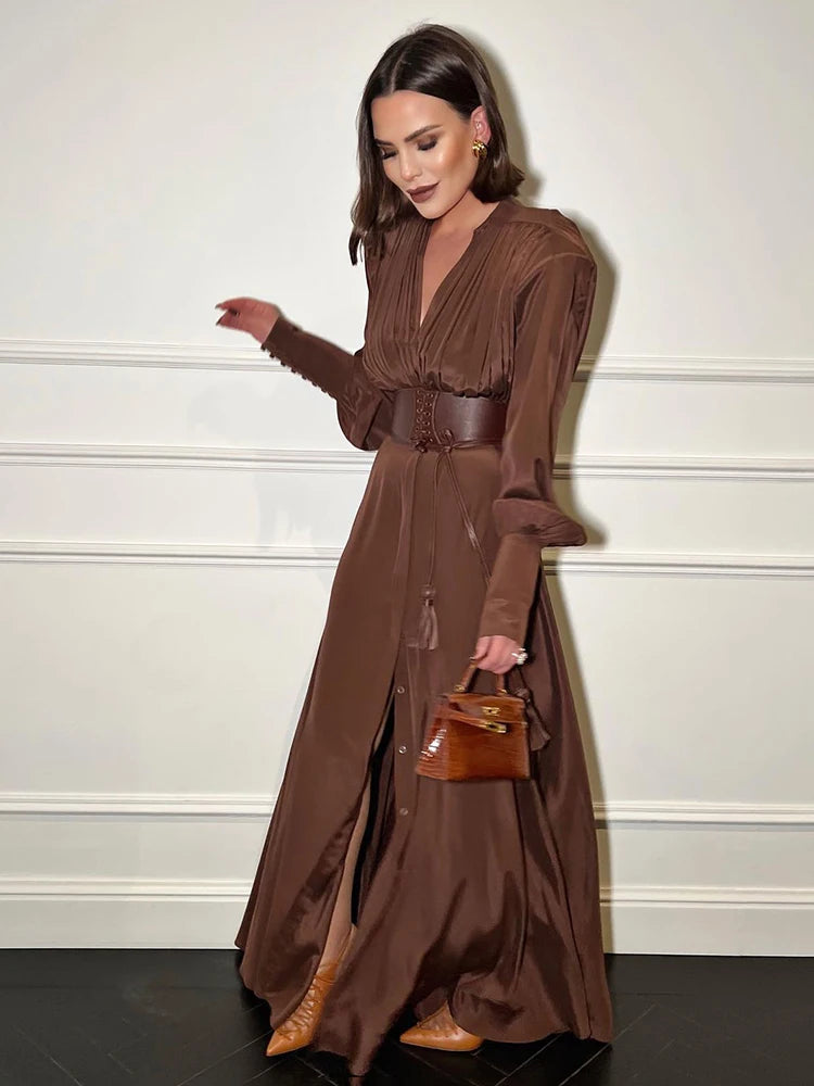 ROBYN BROWN LONG SLEEVES V NECK DRESS GOWN