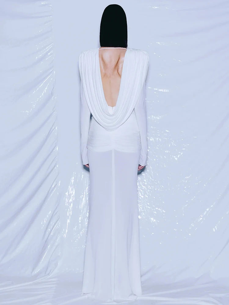 LIVIA WHITE V-NECK LONG SLEEVE LONG DRESS GOWN