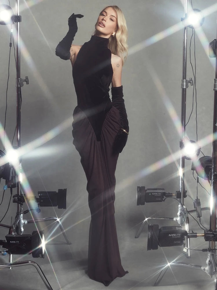 VALERY BLACK HALTER MESH DRESS GOWN