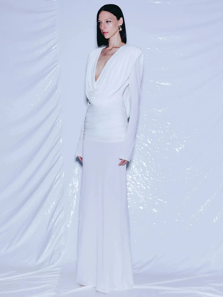 LIVIA WHITE V-NECK LONG SLEEVE LONG DRESS GOWN