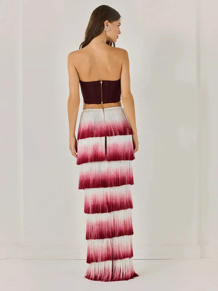 LUCY STRAPLESS GRADIENT FRINGE MAXI DRESS