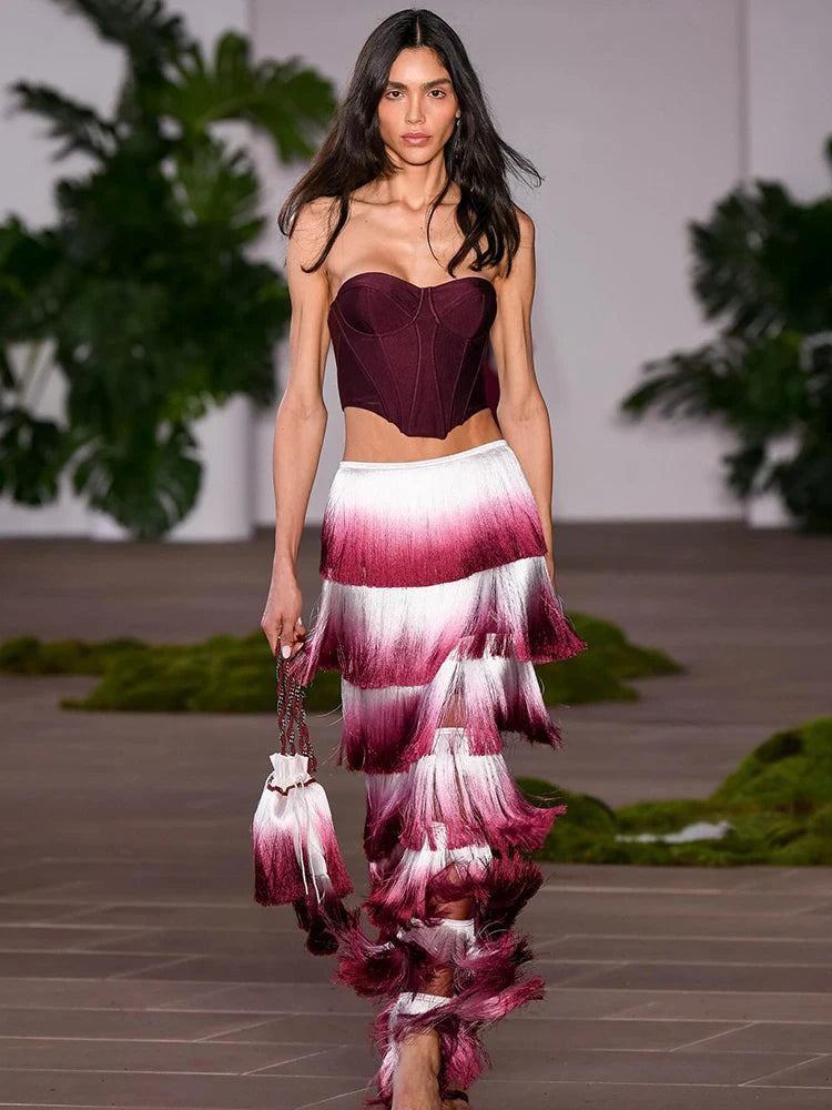 LUCY STRAPLESS GRADIENT FRINGE MAXI DRESS