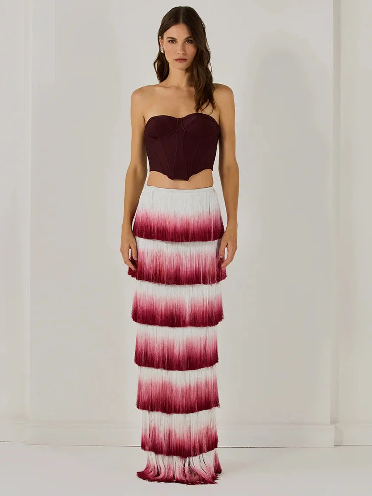 LUCY STRAPLESS GRADIENT FRINGE MAXI DRESS