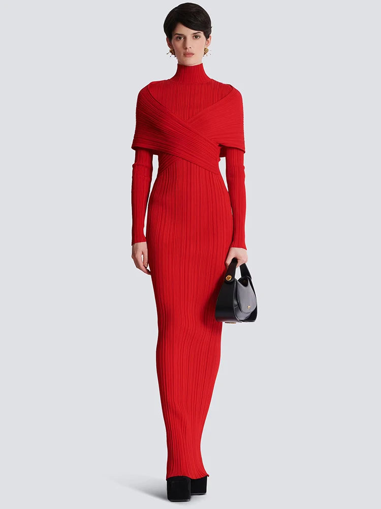 FINITA RED HIGH NECK LONG SLEEVE DRESS GOWN