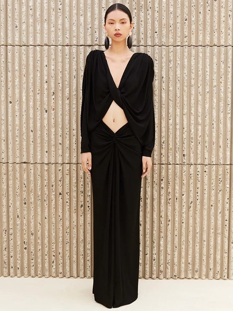 SHANAY BLACK V NECK LONG SLEEVES DRESS
