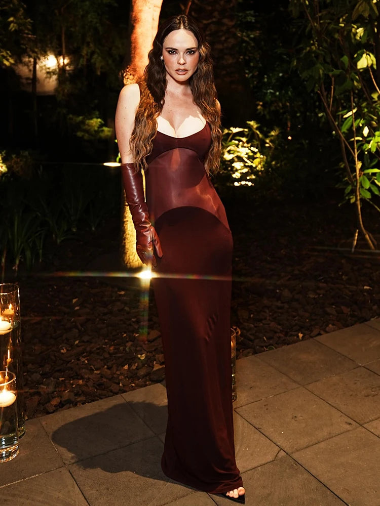 SYDNEY CLARET SLEEVELESS MESH LONG DRESS GOWN