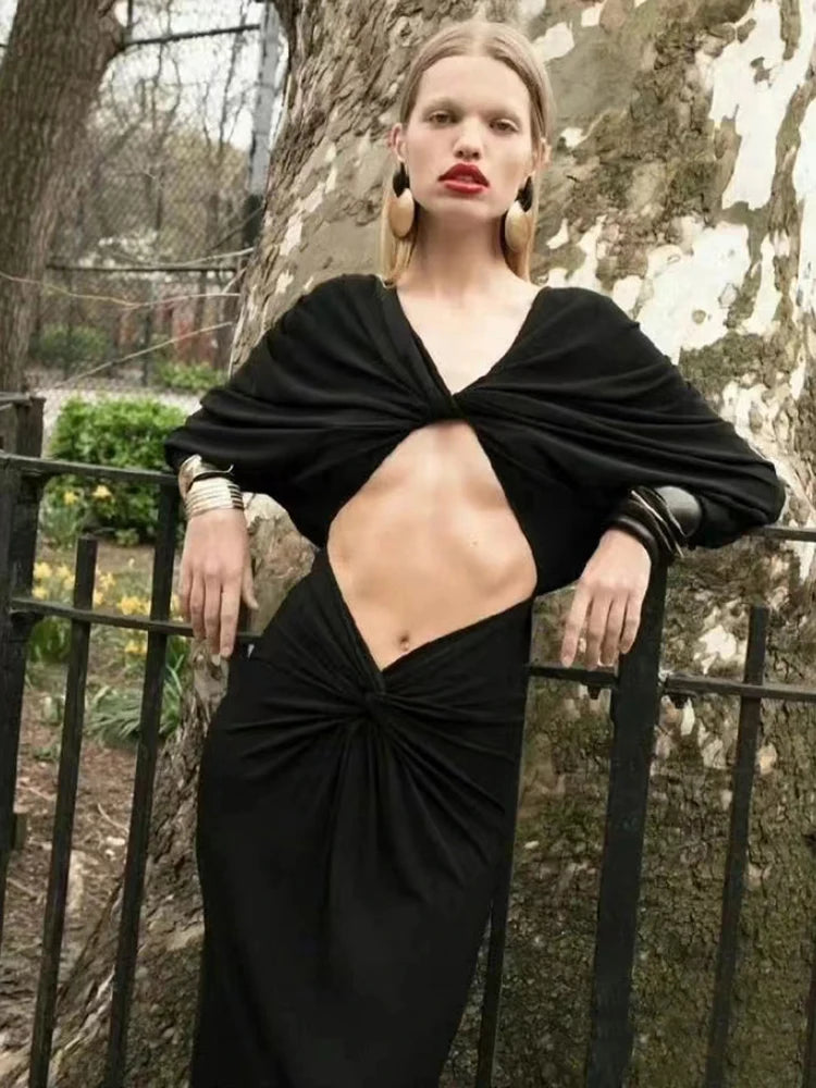 SHANAY BLACK V NECK LONG SLEEVES DRESS