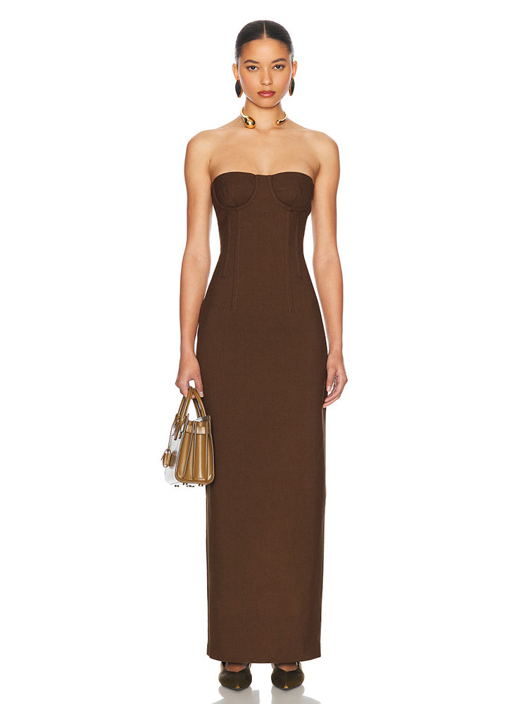 AMBER BROWN STRAPLESS MAXI DRESS