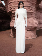 SHARON ELEGANT WHITE DRAPED MAXI DRESS