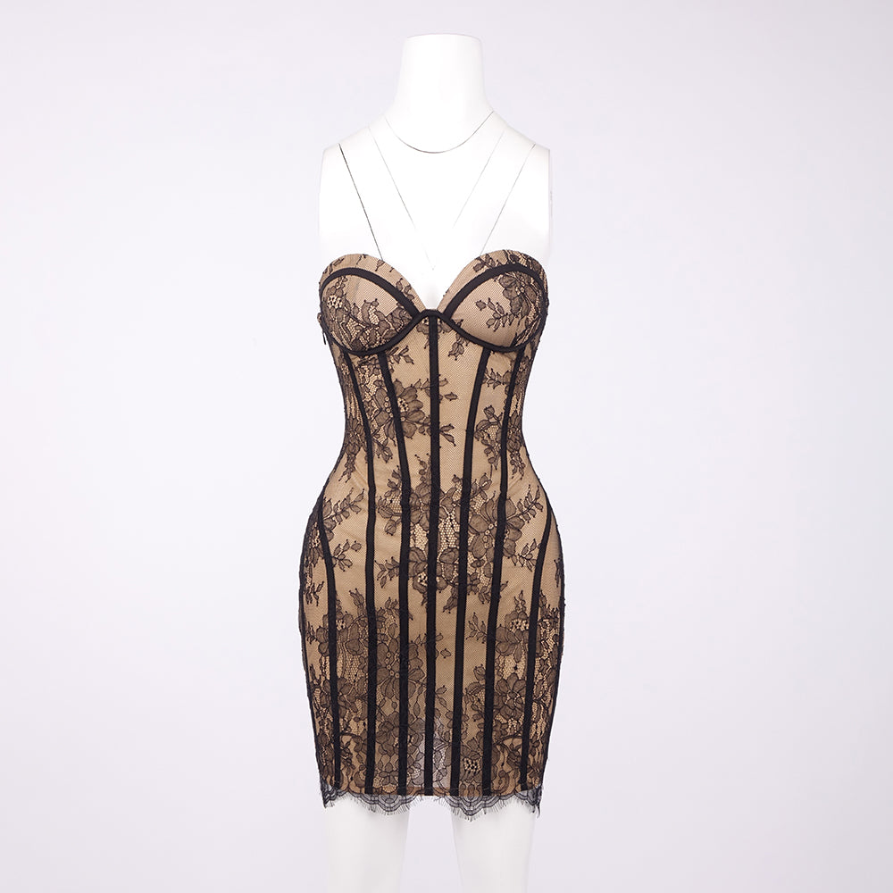 HYARI SEXY LACE FLORAL PRINT CORSET MINI DRESS