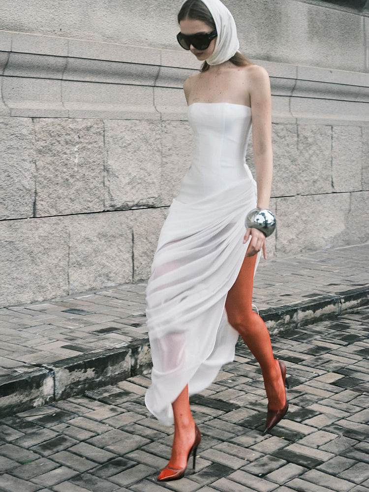 YARA WHITE DRAPED STRAPLESS MAXI DRESS