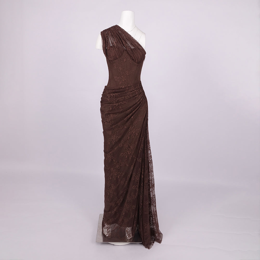 ELENI VINTAGE BROWN ONE SHOULDER LACE MAXI DRESS