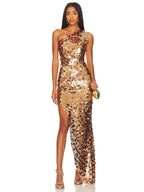 JECYKA GOLD ONE SHOULDER SEQUINS MAXI DRESS