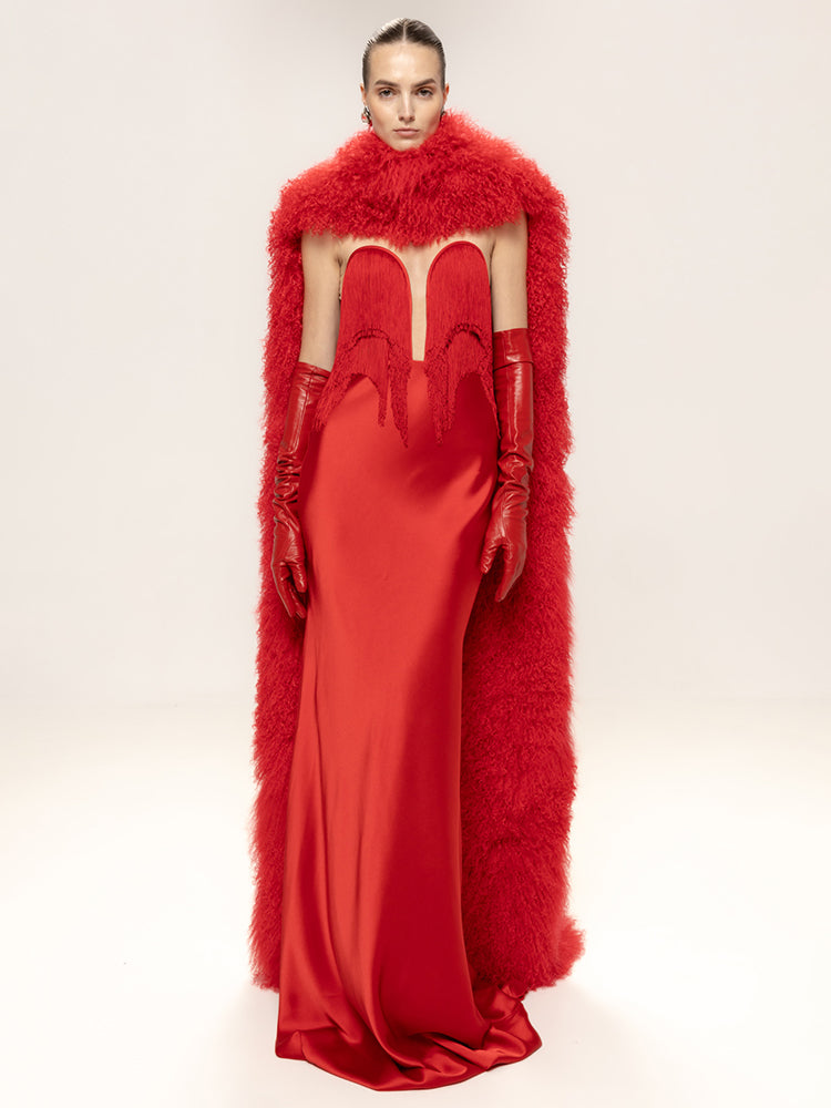 ALLEGRA RED STRAPLESS TASSEL MAXI DRESS