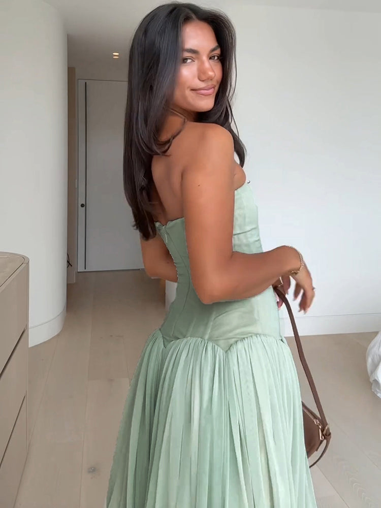 LOISE GREEN STRAPLESS TULLE MAXI DRESS