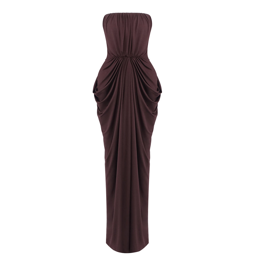 ARUNAS BROWN OFF-SHOULDER RUCHED MAXI DRESS