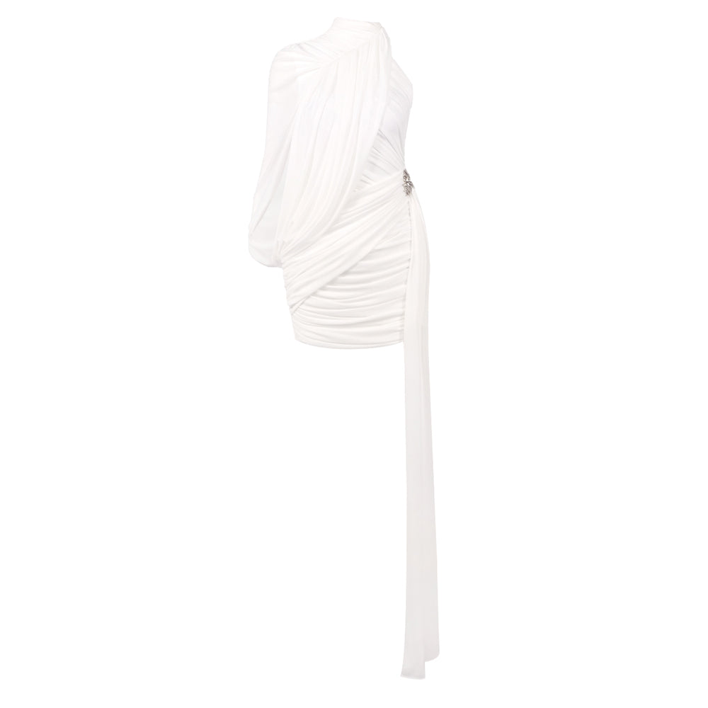 ZAIDA WHITE DRAPED ONE SHOULDER MINI DRESS