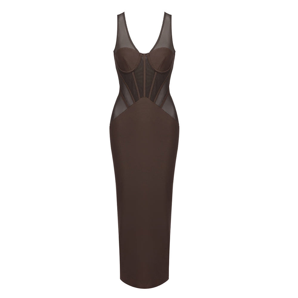 JESSIE MESH PATCHWORK BODYCON MIDI DRESS