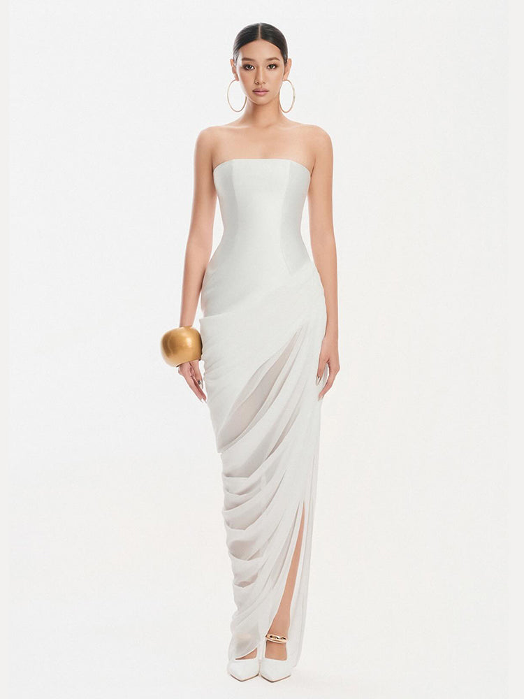 YARA WHITE DRAPED STRAPLESS MAXI DRESS