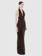 VIKTORIA BROWN HALTER NECK RUCHED MAXI DRESS