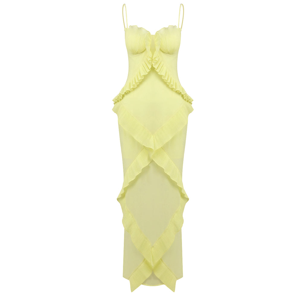 JOYCE SEXY YELLOW RUFFLE MAXI DRESS