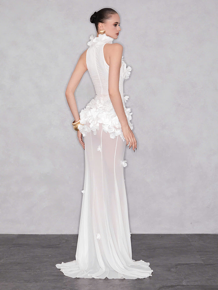 ALLY WHITE 3D FLORAL HALTER MAXI DRESS
