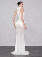 ALLY WHITE 3D FLORAL HALTER MAXI DRESS