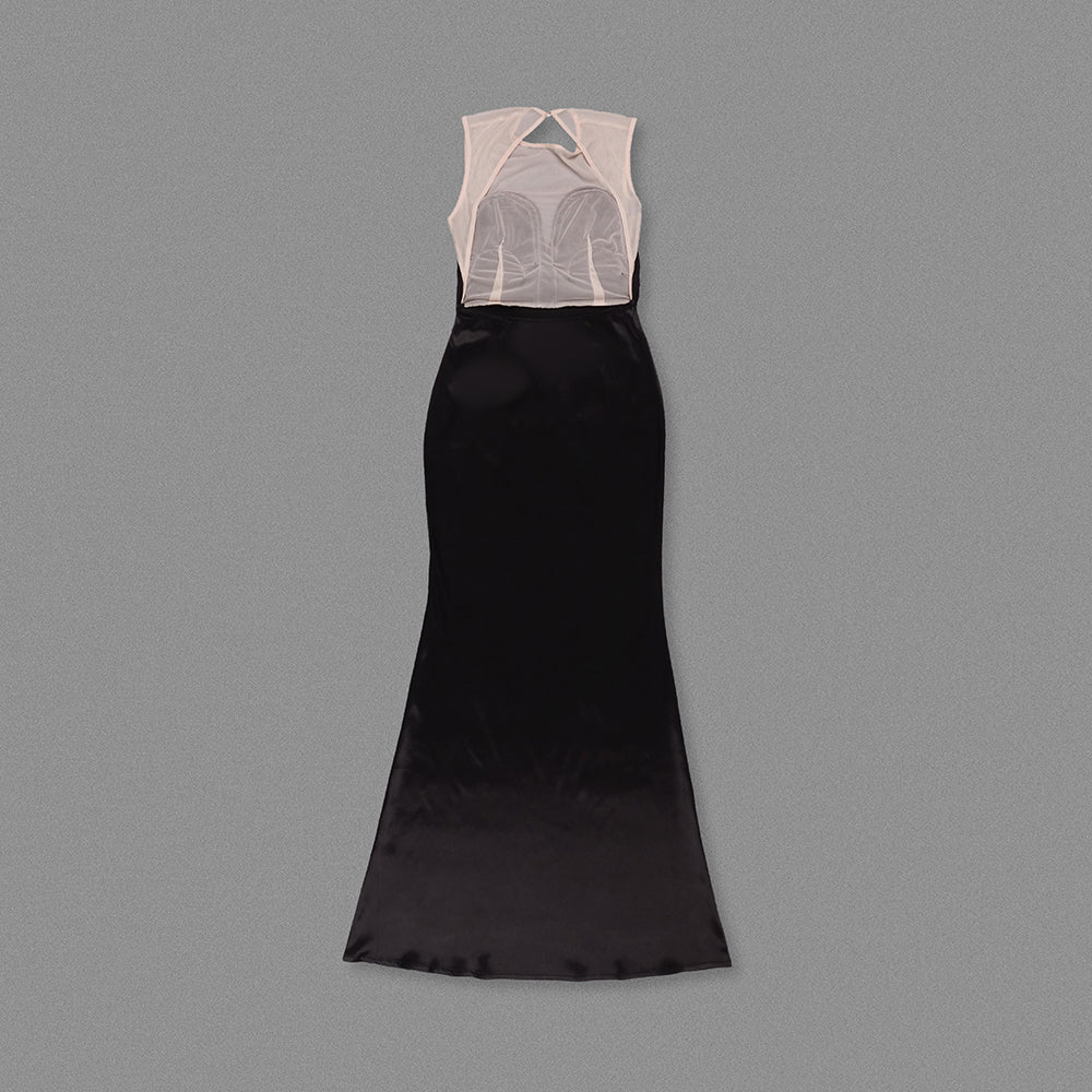 SARAH BLACK SATIN FRINGE MAXI DRESSES
