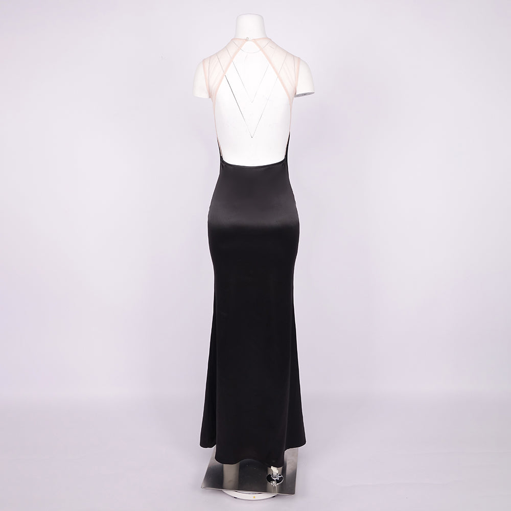 SARAH BLACK SATIN FRINGE MAXI DRESSES