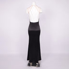 SARAH BLACK SATIN FRINGE MAXI DRESSES