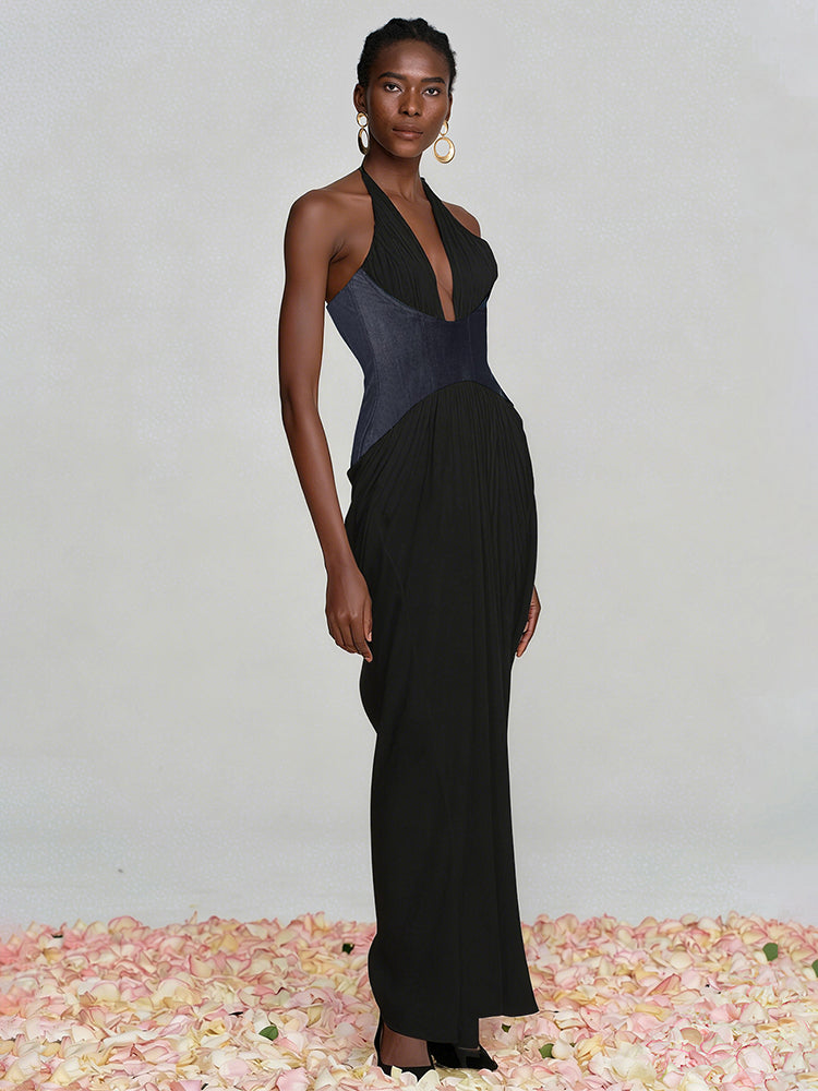 VALANTEENA DEEP V DENIM PATCHWORK MAXI DRESS