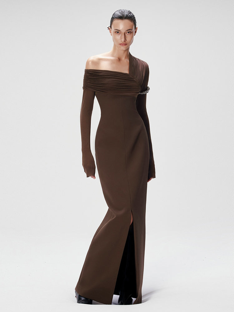 LAURA OFF-SHOULDER BROWN MAXI DRESS