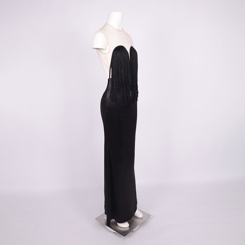 SARAH BLACK SATIN FRINGE MAXI DRESSES