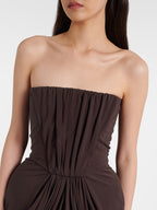 ARUNAS BROWN OFF-SHOULDER RUCHED MAXI DRESS