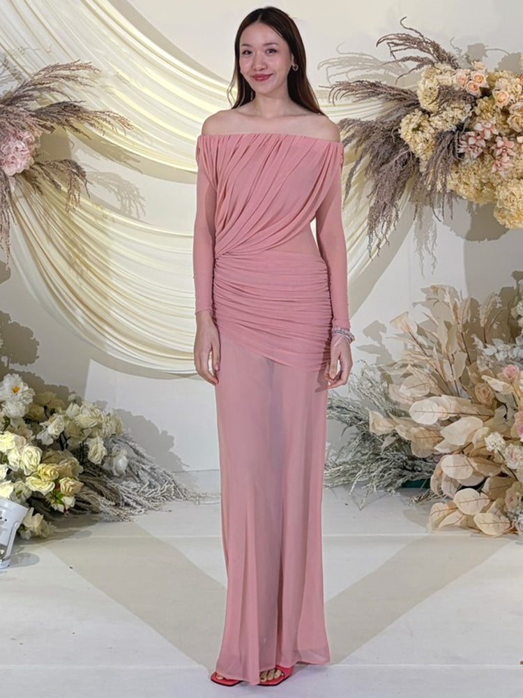 BIANKA ELEGANT OFF SHOULDER PINK MAXI DRESS