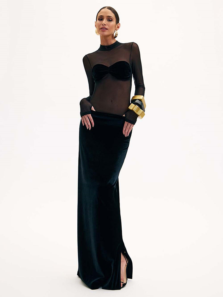 CLAIRE MESH LONG SLEEVE MAXI DRESS