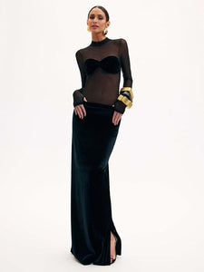 CLAIRE MESH LONG SLEEVE MAXI DRESS